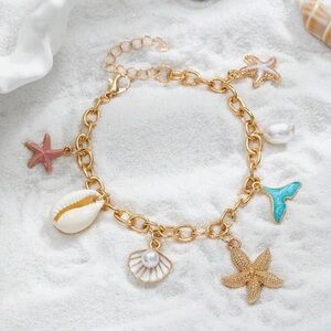NWT Ocean Charm Bracelet 18K Gold Plated Alloy Starfish, Shell, Mermaid